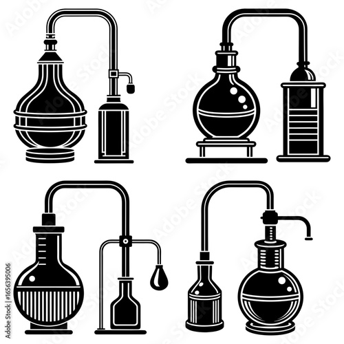 Collection of black and white distillation apparatus illustrations in various configurations and styles