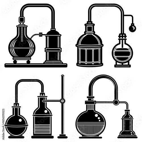 Collection of stylized black and white distillation apparatuses for chemical processes and experiments