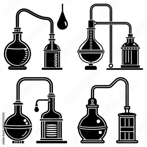 Illustration of four chemical distillation apparatuses in black and white laboratory equipment