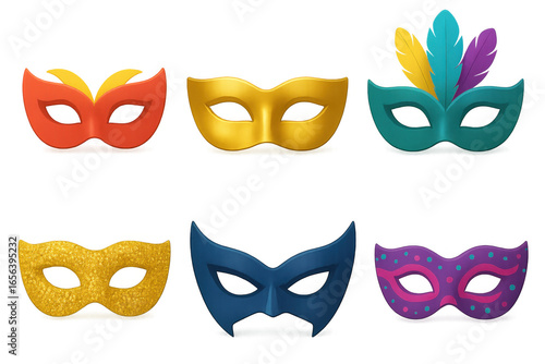 Colorful carnival masks collection with vibrant designs and feather details