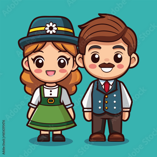 Adorable Cartoon Couple in Traditional German Attire