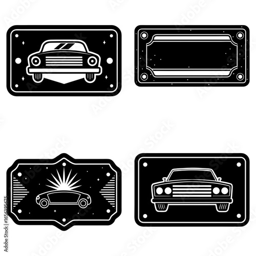 Collection of four black and white car themed icons with different styles and orientations displayed neatly