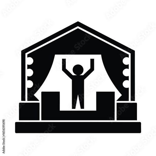 Vector art of silhouette of a person standing a stage with hands raised under a spotlight with curtains and blocks