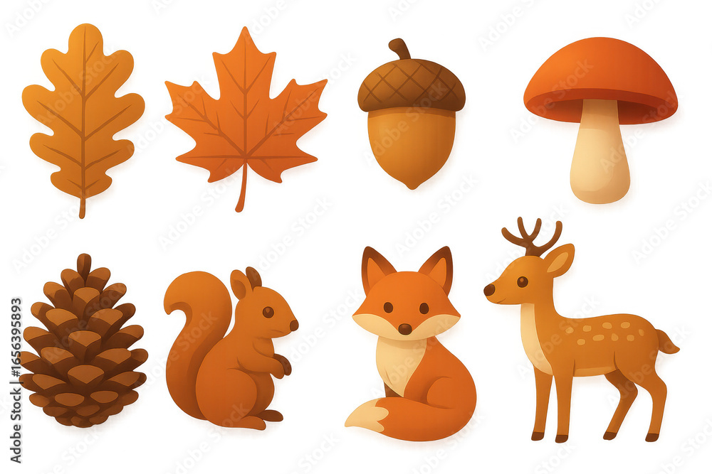 Fototapeta premium Autumn woodland creatures and foliage in soft gradient colors