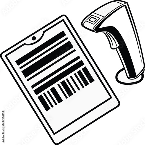 Modern handheld scanner device reading barcode on digital tablet screen for efficient inventory management and retail checkout process