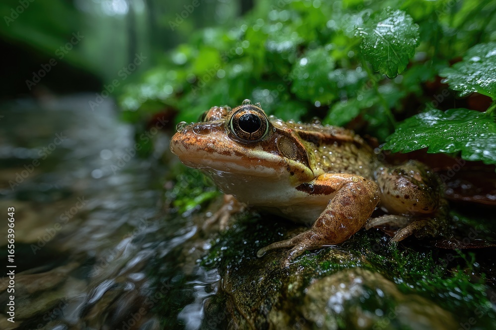 Fototapeta premium Frog by a mountain stream in a lush forest after rain