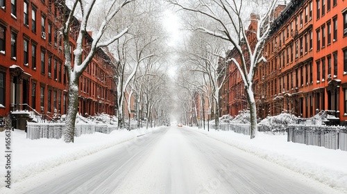 A serene winter scene showcases snow-covered streets lined with classic red-brick buildings and bare trees, This image is ideal for winter-themed projects, urban landscapes, or seasonal promotions,