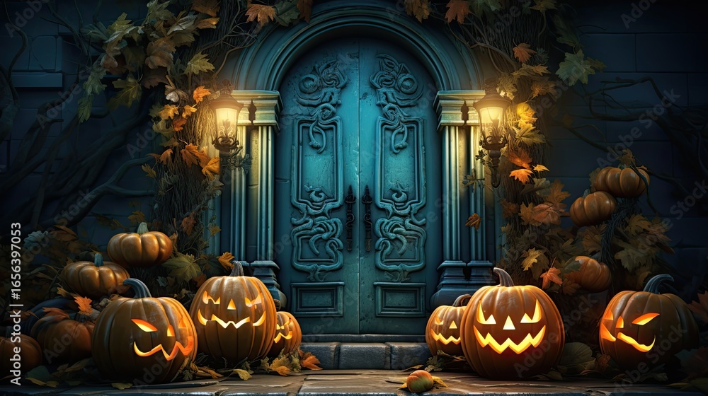 Obraz premium house entrance decorated with carved pumpkins