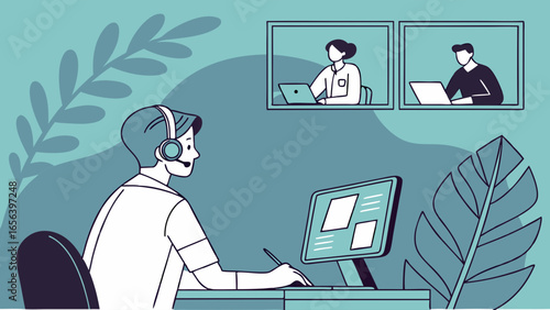 Customer Service Representative with Headset and Computer.