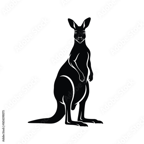 Silhouette of a majestic kangaroo standing upright, facing forward against a plain white background.