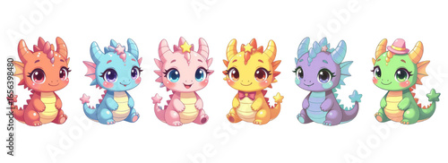 Cute baby dragons cartoon clipart set with transparent background. Adorable colorful dragon characters illustration isolated on transparent background