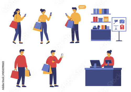 Illustrative vector art depicts shoppers using phones, browsing items, and interacting with a cashier in a retail setting.