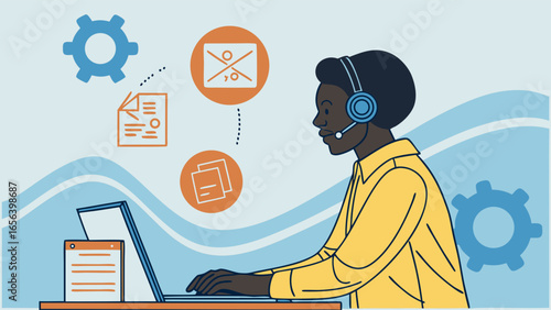 Customer Service Representative Working on Laptop with Headset 3.