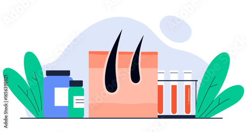 Alopecia and hair loss concept. Hair follicle and medical equipment around. Dermatology, trichology, hair care scene. Isolated vector illustration in cartoon style