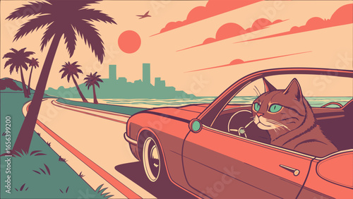 Cute Cat Driving Retro Convertible on Beach Road Trip.