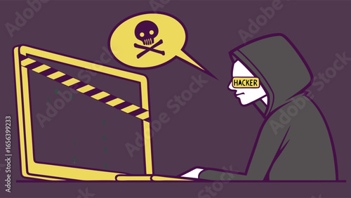 Cyber Hacker in Hood with Computer and Skull Symbol.