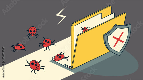 Cyber Security Breach Red Bugs Attacking Computer Files and Compromised Shield.