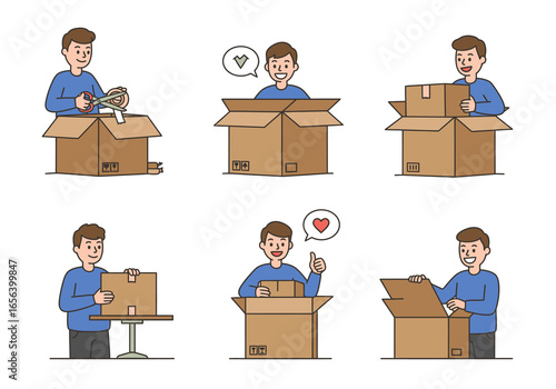 Animated cartoon illustrations of a man unpacking cardboard boxes, showing various stages of the process.