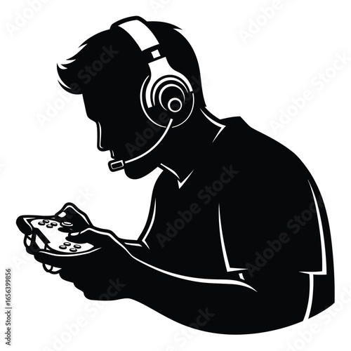 Silhouette of a person engrossed in playing a video game, wearing a headset.