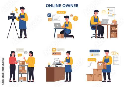 Diverse online business owners engaged in various tasks, from video recording to customer service.