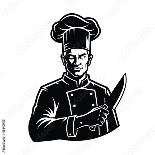 Serious chef in uniform holding a knife, a bold graphic design.