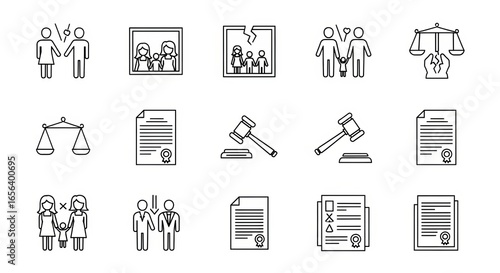 Collection of icons representing legal and family matters, including divorce, marriage, and justice.