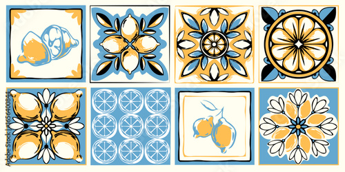 Amalfi coast tile patterns with lemons, citrus slices and decorative florals in blue, yellow and black. Mediterranean ceramic designs with geometric motifs for Italian kitchen backsplash walls.