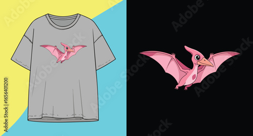 Gray t shirt with pink pterodactyl graphic on yellow and blue background next to flying pink pterodactyl