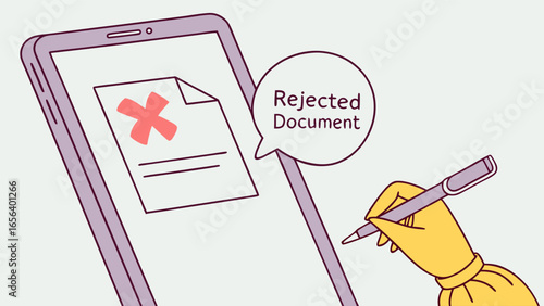 Rejected Document on Mobile Phone Display with Hand Holding Pen.