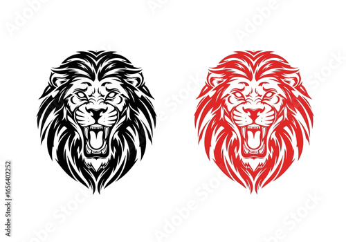 Two lion head illustrations, one in black and the other in red, both roaring with detailed manes and open mouths.