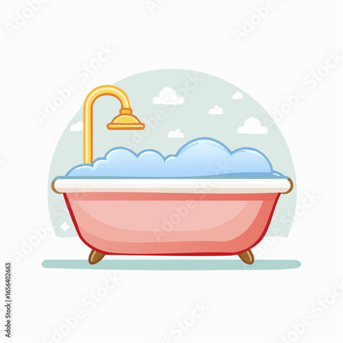 Cartoon Pink Bathtub With Foam And Shower Head