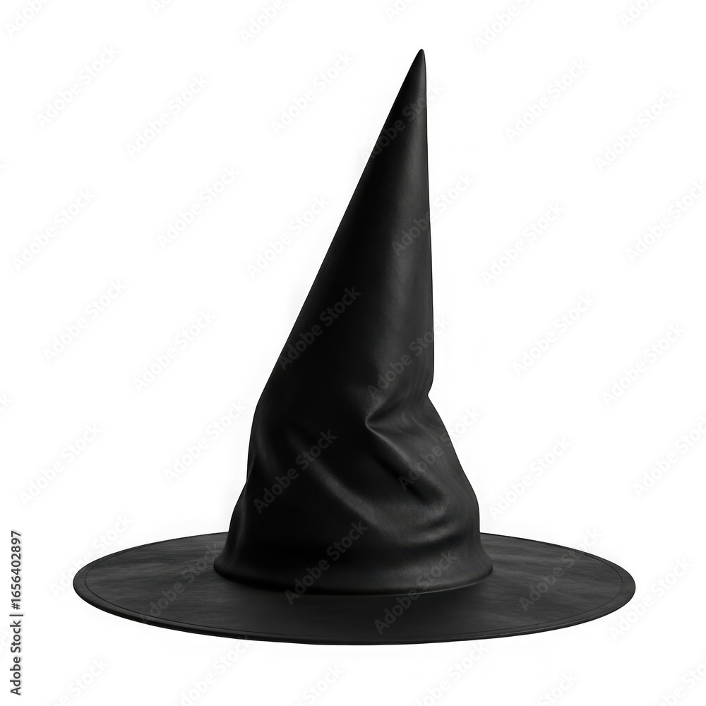 Fototapeta premium A classic black witch hat with a pointy top and wide brim, isolated on a transparent background, perfect for halloween and costume parties