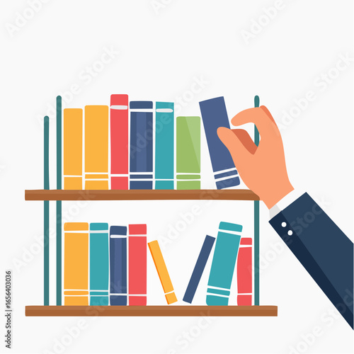 Hand Selecting Book From Multicolored Bookshelf