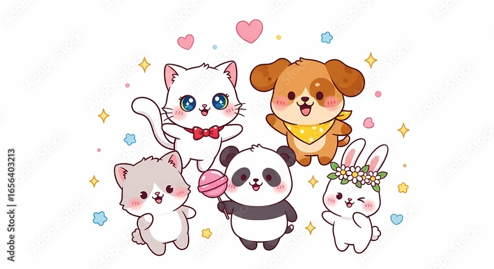 Fototapeta premium Adorable cartoon animals including a white cat, brown puppy, panda, bunny, and kitten, all depicted in a cheerful and playful pose with sparkling accents.