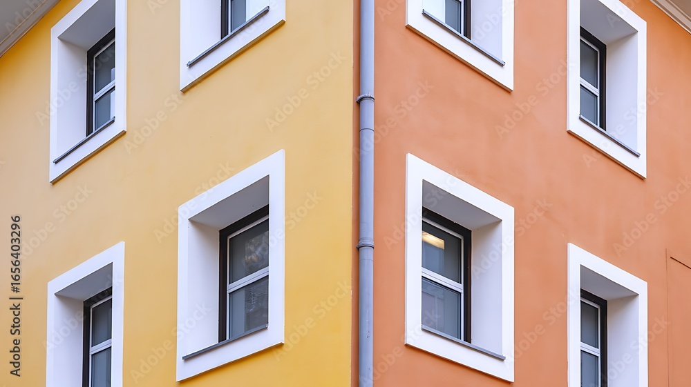 Fototapeta premium Architectural Detail of a Building with Two-Toned Walls and Recessed Windows