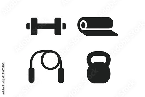 Fitness Equipment Icons: Dumbbell, Yoga Mat, Jump Rope, Kettlebell