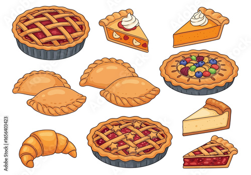 A collection of various cartoon-style pies and pastries, including fruit pies, pumpkin pie slices, empanadas, cheesecake, and a croissant, arranged on a white background.