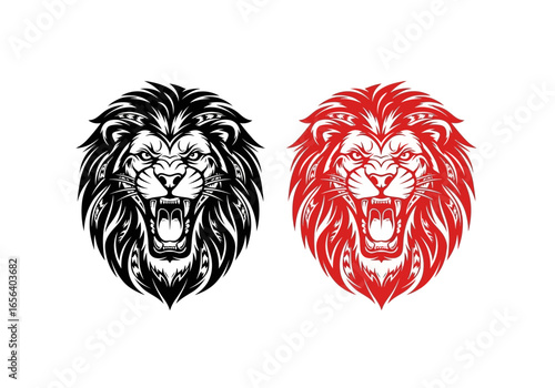 Two lion head illustrations, one in black and white, the other in red, both roaring with visible teeth.