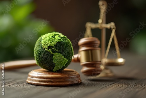 international environment Law. climate regulation concept. law principles of sustainable environmental conservation.environmental protection. gavel and scales with icon eco-friendly legislation law
