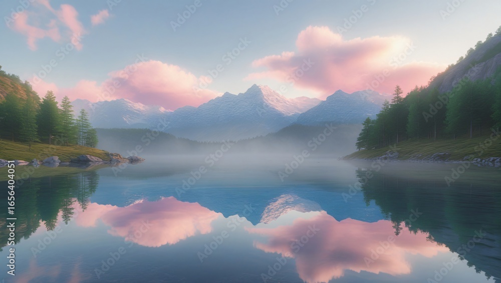 Fototapeta premium mountain lake at golden hour, glassy water surface reflecting snow-capped peaks and pastel clouds