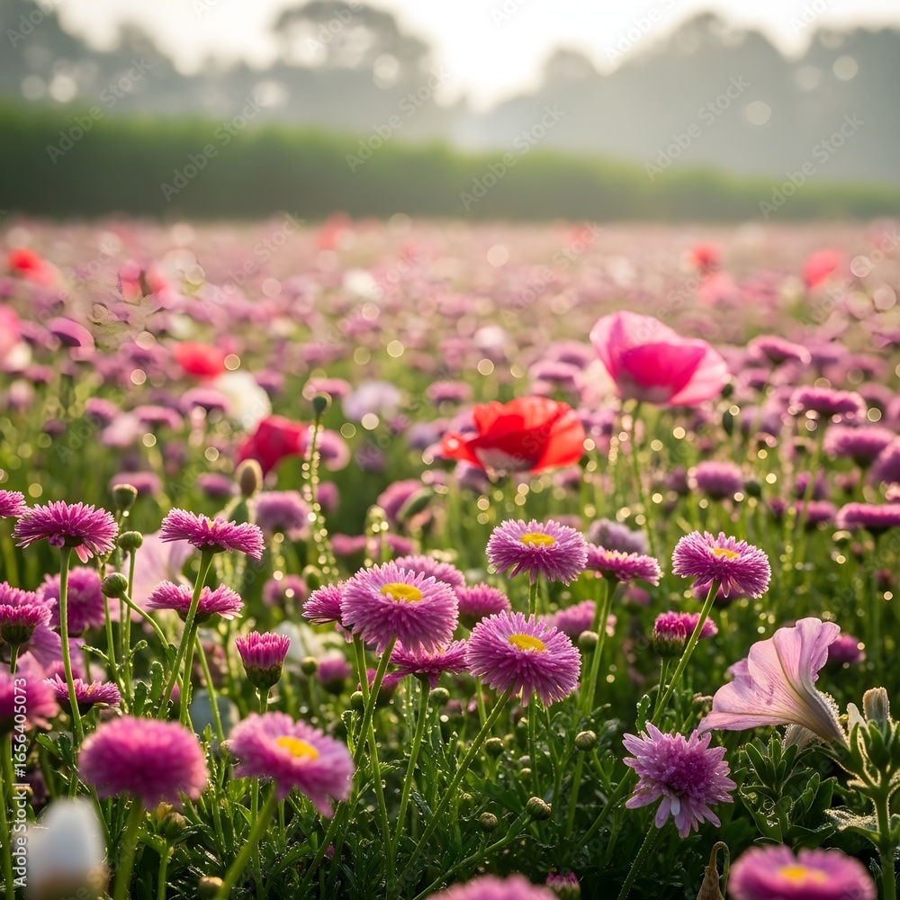 Fototapeta premium Vibrant Flower Field at Sunrise A Stunning Display of Blossoms