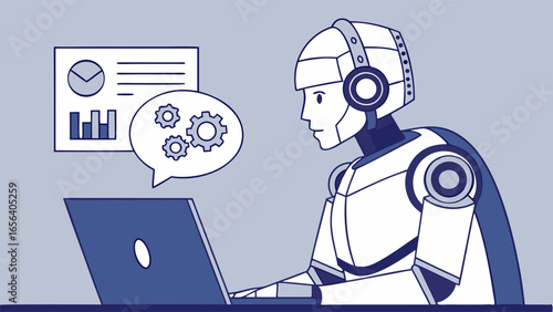 Robot Working on Laptop with Data Analysis and Gears.