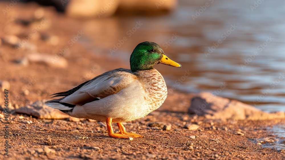 Obraz premium A mallard duck stands on a sandy shore, showcasing vibrant plumage and a serene lakeside background, Ideal for nature-themed projects, wildlife education, or tranquil outdoor scenes,