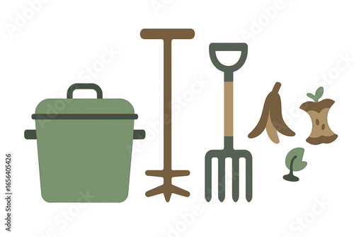 Gardening tools and organic waste icons