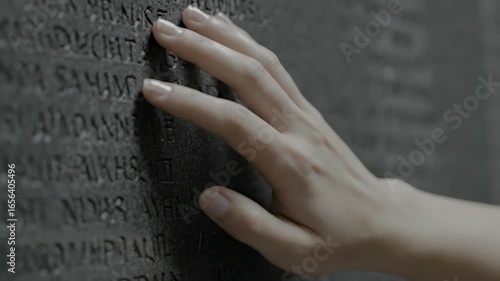 Hand touches ancient stone text, exploring history and mystery