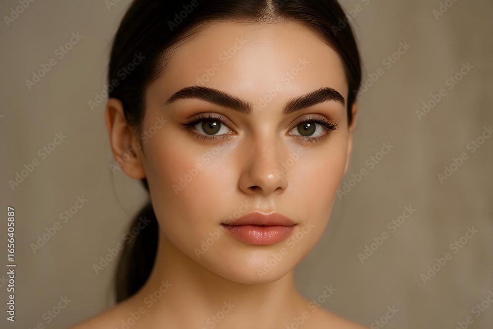 Naklejka premium A close-up portrait of a young woman with natural makeup, smooth skin, and styled hair. The background is neutral and soft. Concept Close-Up Portrait, Natural Makeup, Smooth Skin, Styled Hair