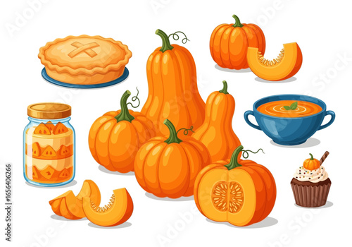 Illustration of various pumpkin-themed food items including pie, soup, cupcake, preserved pumpkin in a jar, and whole and sliced pumpkins.