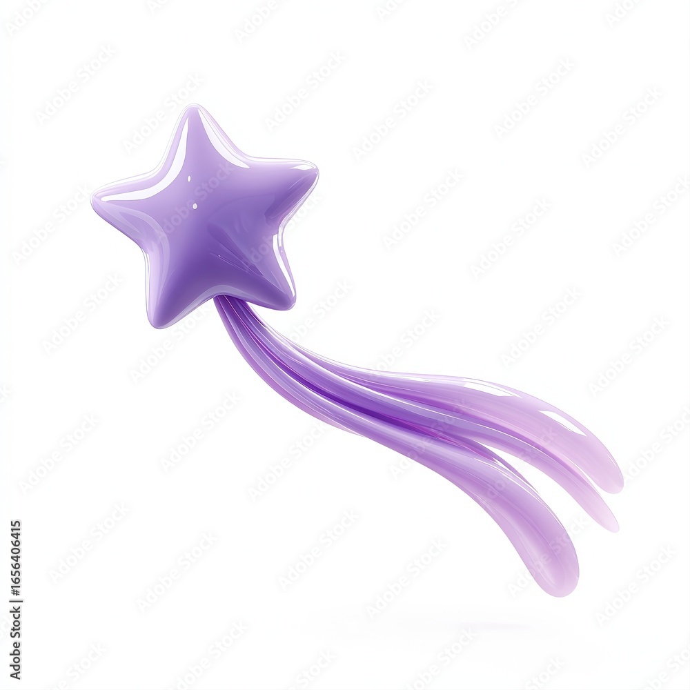 Naklejka premium A whimsical purple star with flowing tails gently floats against a white background, ideal for children's products, party supplies, or creative designs, This image conveys magic and imagination,
