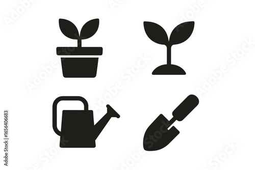 Gardening Icons: Plant, Pot, Watering Can, and Trowel