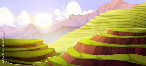 Terraced rice field vector landscape with rolling green paddies cascading down hillsides under sunrise sky. Mountain backdrop with agricultural terraces and clouds for Asian countryside illustration